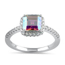 Sterling Silver Halo Iridescent Rainbow CZ Ring