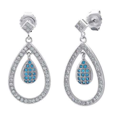 Sterling Silver Double Drop Blue Topaz CZ Dangle Earrings