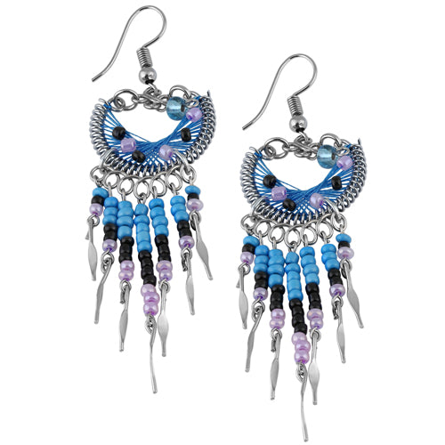 Stainless Steel Peruvian Blue Silk Thread Beaded Crescent Dangle Earrings