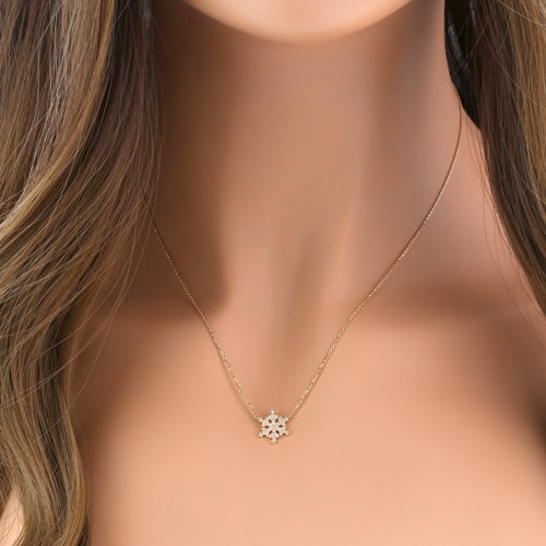 Solid 14K Gold Snowflake with Clear CZ Necklace
