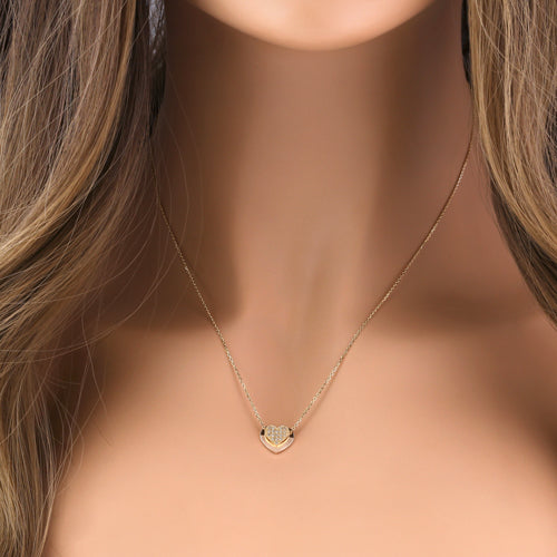 Solid 14K Gold Rose Gold Layered Heart with Clear CZ Necklace