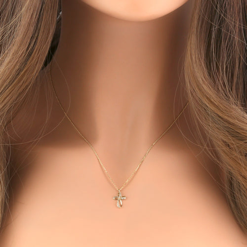 Solid 14K Yellow Gold Ribbon Cross CZ Necklace
