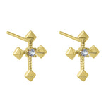Solid 14K Yellow Gold Antique Cross Clear Round CZ Earrings
