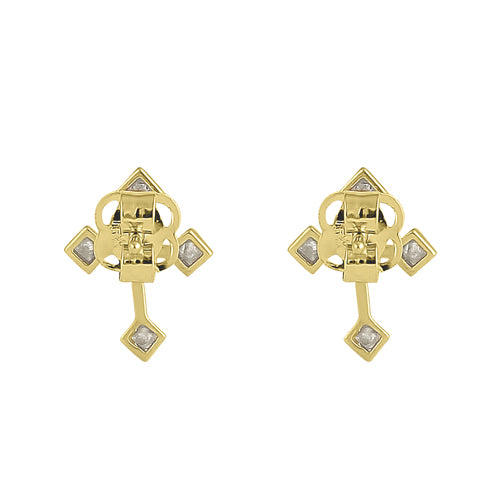Solid 14K Yellow Gold Antique Cross Clear Round CZ Earrings