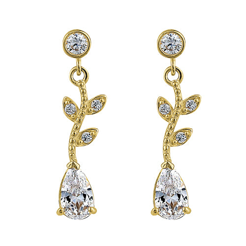Solid 14K Yellow Gold Dangle Vine Clear Pear Cut & Round CZ Earrings