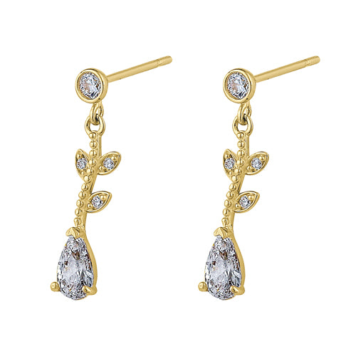 Solid 14K Yellow Gold Dangle Vine Clear Pear Cut & Round CZ Earrings