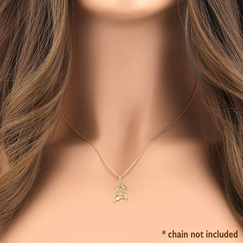 Solid 14K Yellow Gold Palm Tree and Dolphins Pendant