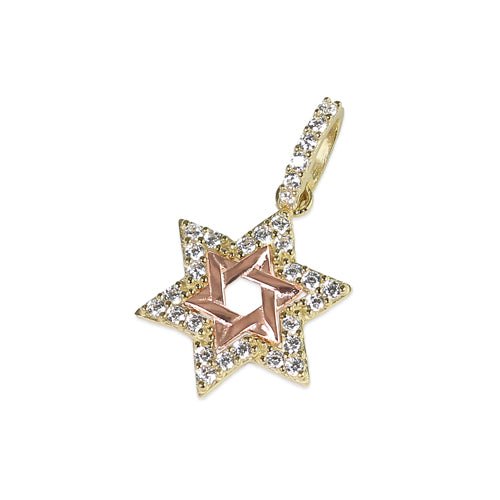 Solid 14k Multi-Gold Star of David CZ Pendant