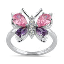 Sterling Silver Large Pink and Purple CZ Butterfly Ring