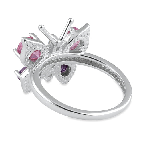Sterling Silver Large Pink and Purple CZ Butterfly Ring