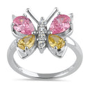 Sterling Silver Large Pink and Yellow CZ Butterfly Ring