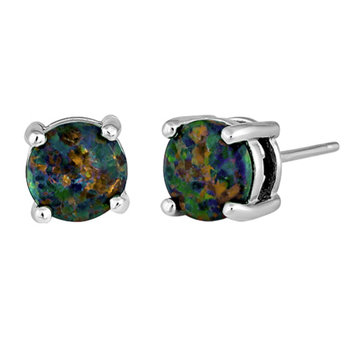 Sterling Silver Round Green-Black Lab Opal Stud Earrings