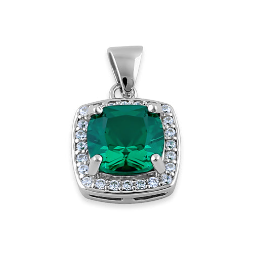 Sterling Silver CZ Green Cushion Halo Pendant