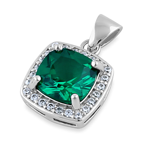 Sterling Silver CZ Green Cushion Halo Pendant