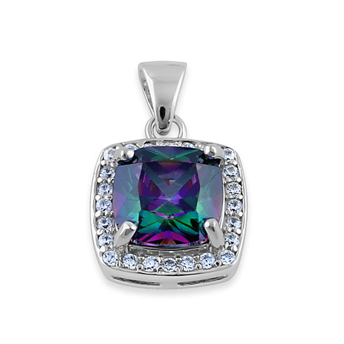 Sterling Silver Rainbow CZ Cushion Halo Pendant