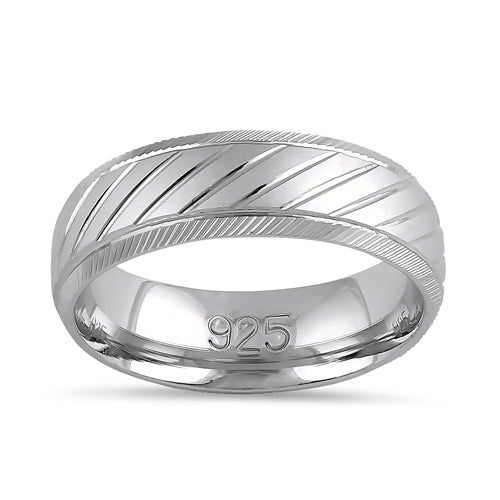 Sterling Silver Diamond Cut Slanting Lines Wedding Band Ring