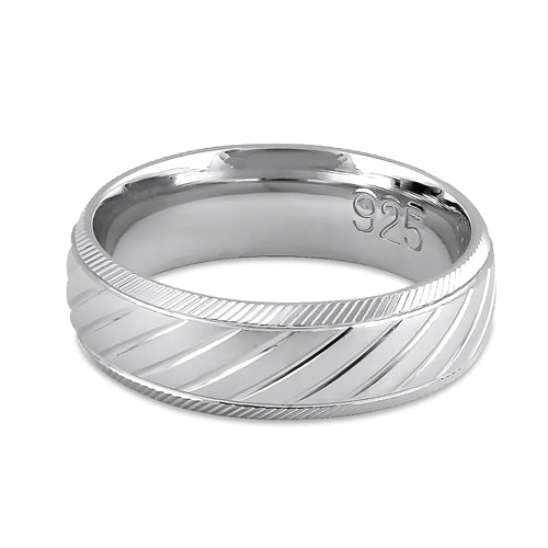 Sterling Silver Diamond Cut Slanting Lines Wedding Band Ring