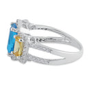 Sterling Silver 3 Stone Blue Topaz & Yellow CZ Ring