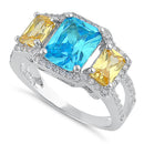 Sterling Silver 3 Stone Blue Topaz & Yellow CZ Ring