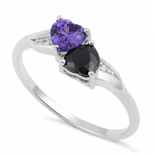 Sterling Silver Double Heart Dark Violet Blue & Black CZ Ring