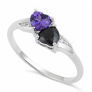 Sterling Silver Double Heart Dark Violet Blue & Black CZ Ring