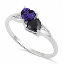 Sterling Silver Double Heart Violet & Black CZ Ring