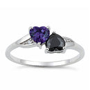 Sterling Silver Double Heart Violet & Black CZ Ring
