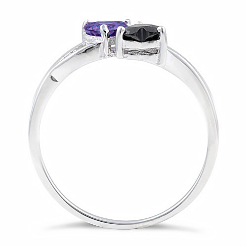 Sterling Silver Double Heart Dark Violet Blue & Black CZ Ring