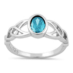 Sterling Silver Oval Aqua Blue CZ Celtic Ring