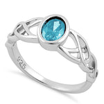Sterling Silver Oval Aqua Blue CZ Celtic Ring