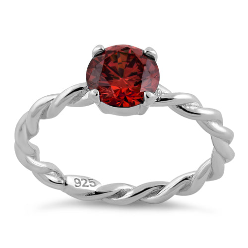 Sterling Silver Garnet Twisted Band CZ Ring