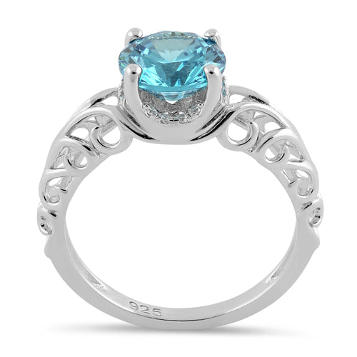 Sterling Silver Swirl Design Aqua and Clear CZ Ring