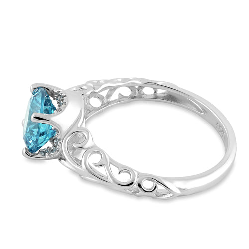 Sterling Silver Swirl Design Aqua and Clear CZ Ring
