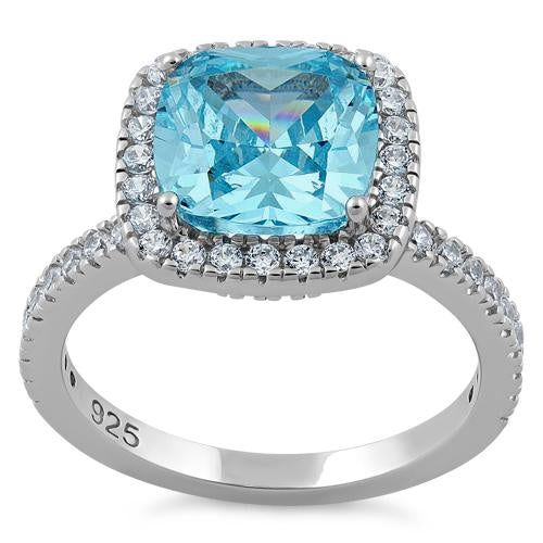 Sterling Silver Cushion-Cut Aqua Blue CZ Ring