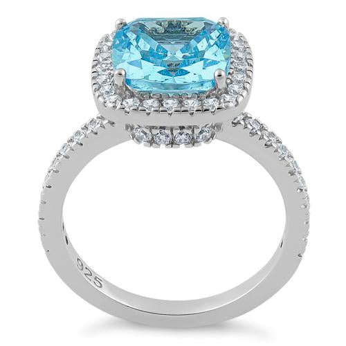 Sterling Silver Cushion-Cut Aqua Blue CZ Ring
