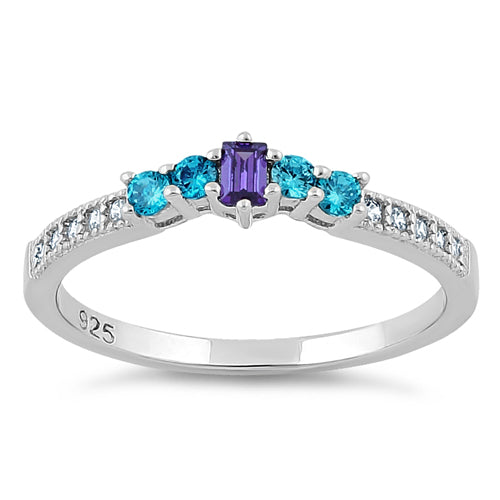 Sterling Silver Dark Violet & Aqua CZ Ring