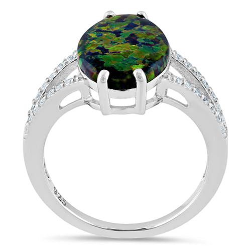 Sterling Silver Marquise Green-Black Lab Opal Ring