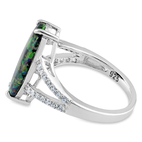 Sterling Silver Marquise Green-Black Lab Opal Ring