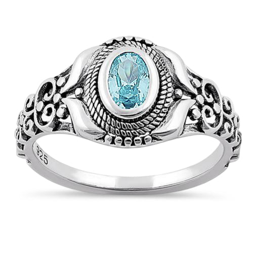 Sterling Silver Austere Oval Aquamarine CZ Ring