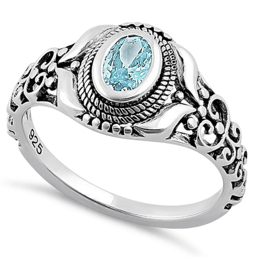 Sterling Silver Austere Oval Aquamarine CZ Ring