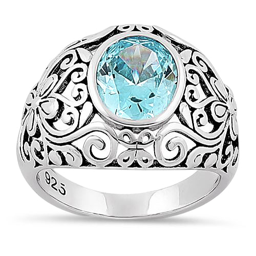 Sterling Silver Oval Aquamarine CZ Ring