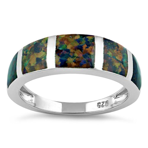 Sterling Silver 5 Bar Green-Black Lab Opal Ring