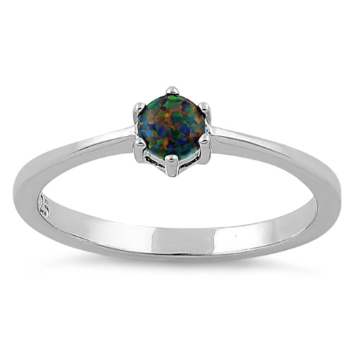 Sterling Silver Round Green-Black Lab Opal Ring