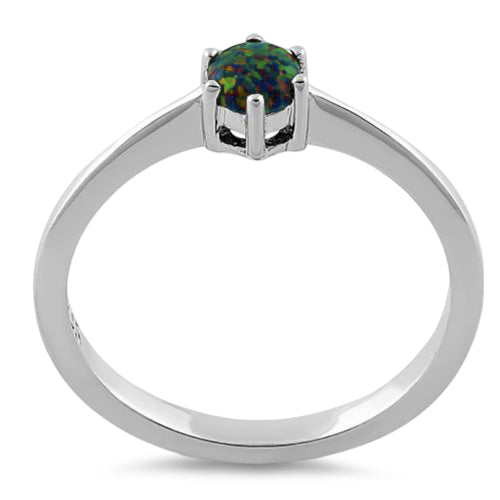 Sterling Silver Round Green-Black Lab Opal Ring