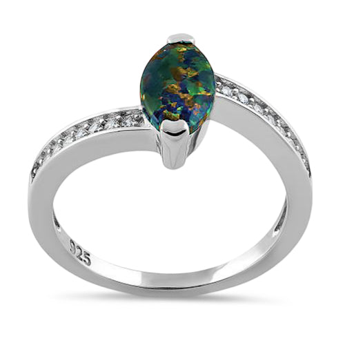 Sterling Silver Stylish Green-Black Lab Opal Marquise Cut & Clear CZ Ring