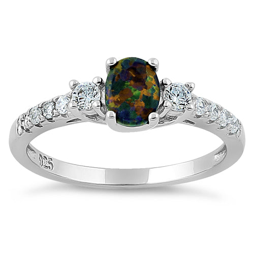 Sterling Silver Encahnted Oval Green-Black Lab Opal CZ Ring