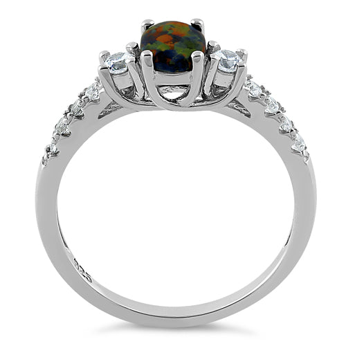 Sterling Silver Encahnted Oval Green-Black Lab Opal CZ Ring