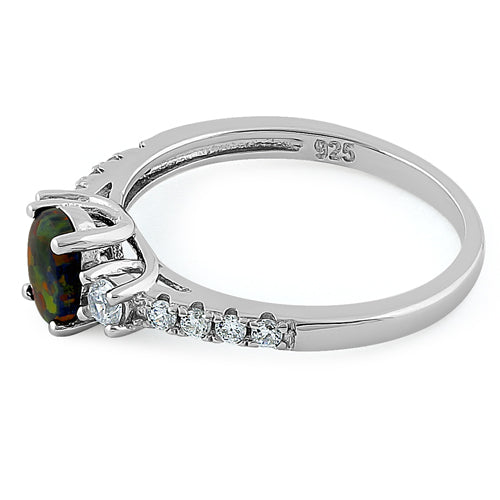 Sterling Silver Encahnted Oval Green-Black Lab Opal CZ Ring