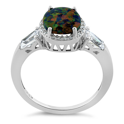 Sterling Silver Dazzling Oval Green-Black Lab Opal CZ Ring