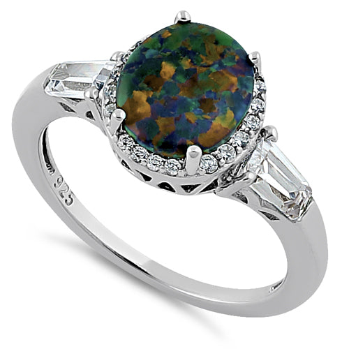 Sterling Silver Dazzling Oval Green-Black Lab Opal CZ Ring